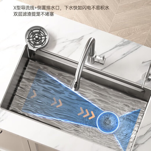 JMWU Xiaomi Grain Embossed Sink Large Single Slot SUS304 Stainless Steel Thickened Taichung Sink Home Kitchen Dish Basin 5.0 Thick Raindance Four-Speed Pullout + Desktop Control + Cup Washer Gun Gray 6845