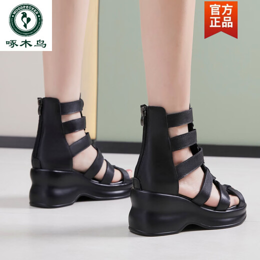 Specht 2025 Sommer Neue Lederferse Sandalen für Frauen High Heels wasserdichte Plattform Schwamm Kuchen Fisch Mund Schuhe High Top Römische Sandalen für Frauen schwarz 35