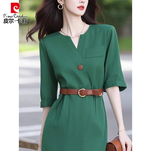 皮尔卡丹（pierre cardin）春夏出席重要场合气质女神范轻奢高级感上流社会绿色收腰连衣裙子 绿色连衣裙 XL 【建议115-125斤】