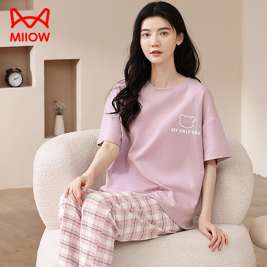 猫人（MiiOW）2025年新款睡衣女春夏纯棉短袖长裤夏天薄款全棉可外穿家居服套装 687 M