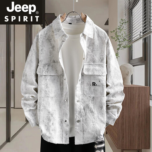 JEEP SPIRIT牛仔外套男生春秋季新款青少年衬衫夹克初高中学生男装潮流士上衣 16823白色 M (80-100斤左右)