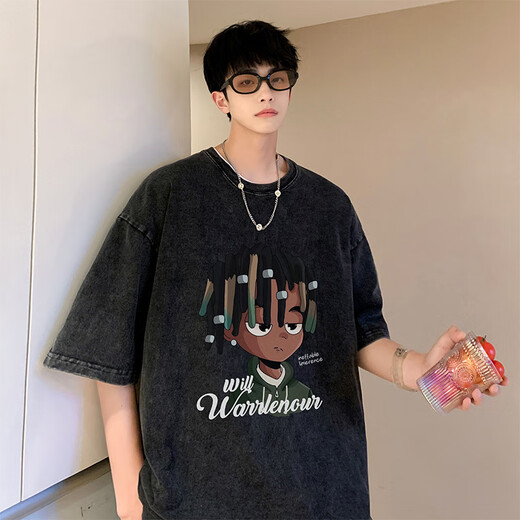 Camiseta de algodón de algodón puro de algodón puro de peso puro opeody americano para hombres sueltos de la marca suelta de verano de verano y camiseta antigua alas mangas [250g de algodón puro] x1416-negro 4xl