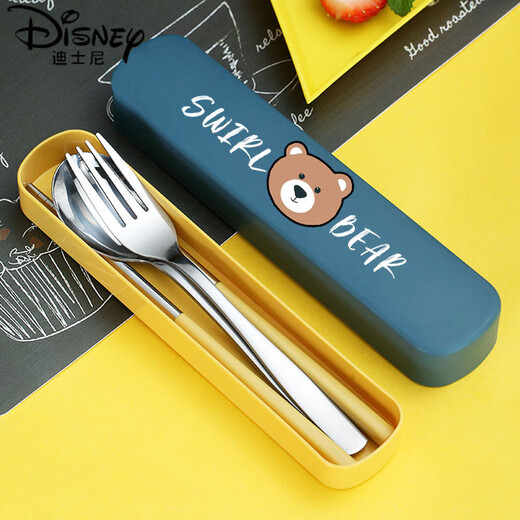 Disney (Disney) Children's Chopsticks and Spoons Tableware Set Stainless Steel Primary School Student Portable Storage Box Fork Three-Piece Set Cute Qing 3-Piece Set (Dark Blue) 304 Stainless Steel