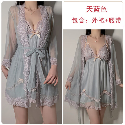 Yalu Summer Sweet Mesh Spitze Deep V plus Brustpolster Sexy Rückenless großer Nachtkleid Äußeres Kleid Home Set Mode Frauen P3886 Grün (Außenkleid + Gürtel) All Size