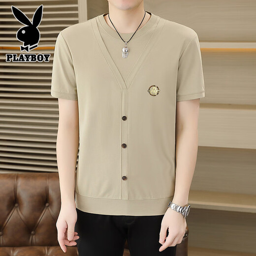 Playboy Summer Ice Seide gestrickt gefälschte zweiteilige kurzärmelige T-Shirt-T-Shirt-Korean-Stil-Slim und kühles kühles, dünnes T-Shirt Top 6626 Khaki 3xL 155-170jin [Jin gleich 0,5 kg]
