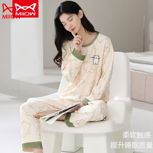 Catman MIIOW pajamas for women in spring and autumn new pure cotton long sleeves can be worn outside with casual two-piece set full pure cotton home clothing WZ1289 M (80-100Jin [Jin equals 0.5 kg])