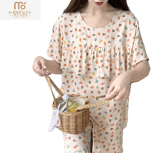 
Modal short-sleeved cotton silk pajamas for women in spring and summer new thin home clothes casual floral anti-convex dot large-size cotton silk set polka dot beige M2603 short-sleeved mid-sleeved pants L (suitable for 90115Jin [Jin equals 0.5 kg])
