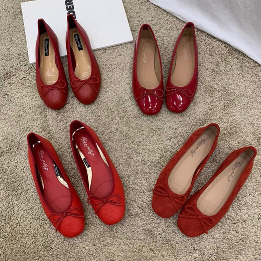 Jingpufei bow with shallow mouth flat single shoes women's ballet shoes red 2025 J683-4 red 40