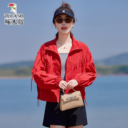 啄木鸟时尚外套女2025夏季新款宽松抽褶系带立领户外运动风休闲防晒上衣 蓝色 XL