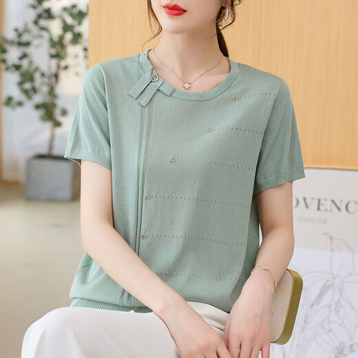 品哥弟新冰丝短袖t恤女薄款夏季2025新款年轻妈妈夏装气质上衣宽松针织衫 DX749#绿色 S 建议100斤以内