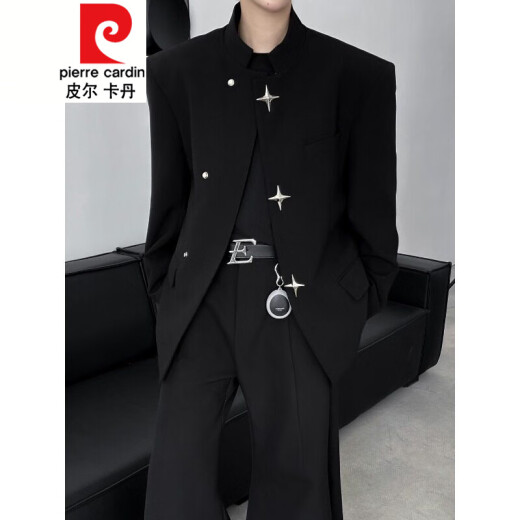 皮尔卡丹（pierre cardin）针织新中式男装黑色垫肩西装外套男痞帅国风中山装西服夹克 黑色 XL