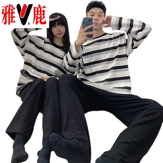 
Yalu 2025 new couple pajamas for women in spring and autumn can wear striped home clothes for men casual large size long sleeve suit 15568 men L women