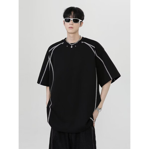 
COLORFUL GEMS summer contrasting line shoulder pad short-sleeved shirt men's design small neckline 1421 white M
