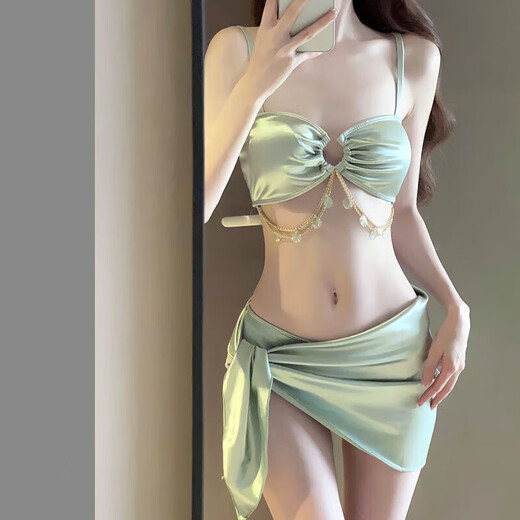 Jin Bingsheng bikini swimsuit for women in hot springs, sexy pure desire, slimming, fresh style, swimming pool and beach three-piece set with small breasts. Bikini three-piece set (green) L Recommended weight 90-110 Jin Jin is equal to 0.5 kg