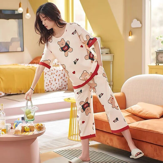 Fhhuabd-Pyjamas für Frauen im Sommer kurzärmeligte Hosen, die losen Frühlings- und Sommer-Kleidungsstücken draußen zu Hause tragen können. Kurzärärmelte geschnittene Hosen 684 M 80-95 Jin [Jin entspricht 0,5 kg]