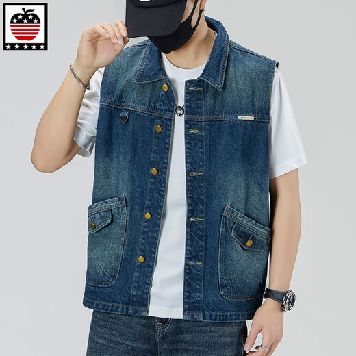 Aemape Apple Light Color 2025 Nuevo chaleco de mezclilla hombres sueltos de gran tamaño retro Horse Clip Workwear Chaqueta de marca moderna Men 6231# Retro Blue L (sugerido 130-145Jin [Jin equivale a 0.5 kg])