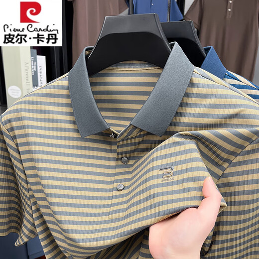 皮尔卡丹新款夏季冰丝短袖t恤男士撞色条纹休闲翻领POLO衫凉感上衣爸爸装 蓝色 GR-9207【冰丝凉感】 M 48 (适合95-115斤)