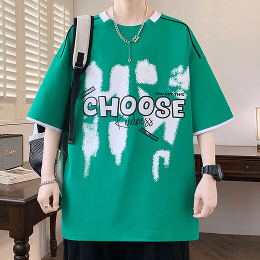 COLORFUL GEMS美式复古假两件恤男青少年字母印花叠穿体恤 695黑色 M 约85-110斤可穿