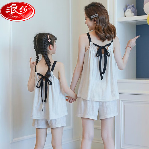 LangSha (LangSha) girls pajamas, parent-child mother-daughter suspender vest shorts suit summer thin cotton gauze big boy girl princess [pure cotton gauze] LD11304# blue cherry M [suggested height 150-160cm]