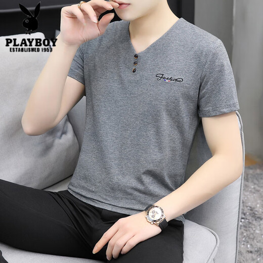 Playboy (Playboy) Doble de algodón en V bordado Camiseta de algodón corto deportes para hombres y camiseta casual estilo chino de moda