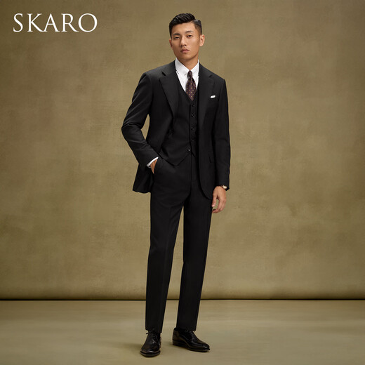 SKARO 130 count Australian pure wool wedding suit men's business herringbone pattern three-piece suit black herringbone pattern SKG1511B size 46 top, please note the size of the trousers