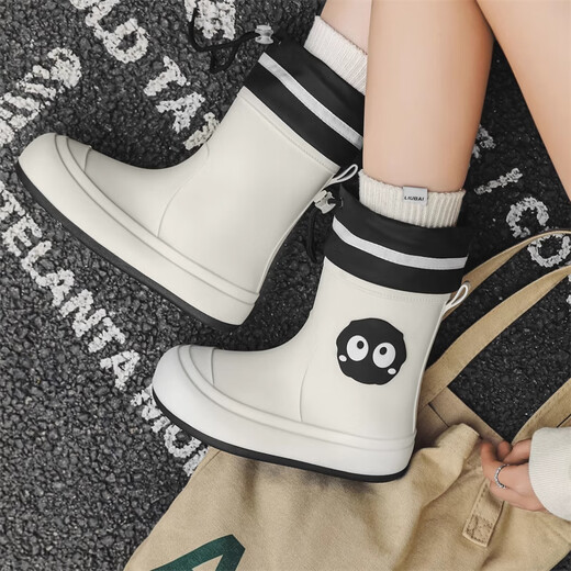 JCZS Deutsche Qualität Regenstiefel süße Regenstiefel Frauen neuer Stil der wasserdichten und rutschfesten Weichstiefel für Erwachsene mit Erwachsenen, weiße Kohlebällchen (Einzelschuhe) Standardgröße 37-38 (innere Länge 24 cm)