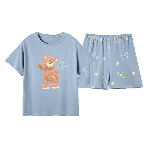 Ich liebe es, reine Baumwollpyjamas für Frauen mit kurzärärmernem Anzug für Sommer dünne, atmungsaktive runde Nacken-Cartoon süßes lässig und kann außerhalb von Heimkleidung getragen werden 9856-Shorts L.