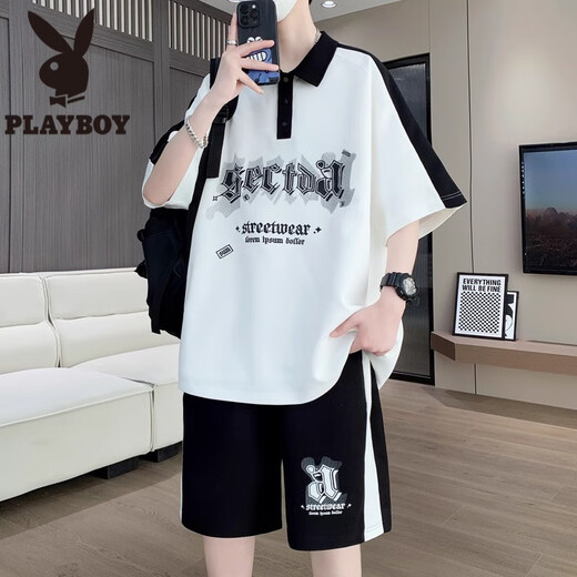 花花公子（PLAYBOY）青少年短袖t恤男孩夏季12-15岁初中高中学生polo衫13帅气大童套装 NZJ-6629黑色(短袖+短裤) M 75至105斤