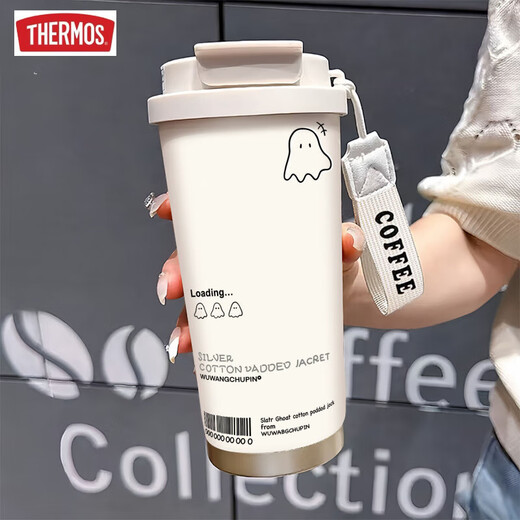 Thermos süße Ghost Thermos Cup High-Precision Student Edelstahl tragbare neue Doppelkaffee-Kaffee und Frauen Strohwasserbecher BXAB13792 Ghost Black + mit Lanyard Ceramic Innenboden