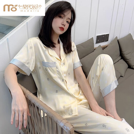 莫代尔泡泡熊冰丝睡衣女夏天凉感短袖长裤网红感薄款春秋丝.绸家居 YFY-9905凉感面料】 M 建议80-100斤】