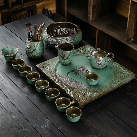 XMSJ窑变粗陶功夫茶具套装家用陶瓷排水茶盘办公室干泡盘茶台茶 12023茶盘+直把壶茶具套装+六君