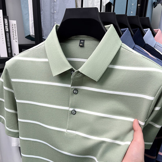 Kangaroo (DaiShu) short-sleeved T-shirt for men 2025 summer trendy striped lapel half-sleeved business casual loose large-size top middle-aged AN15100 light sky blue L