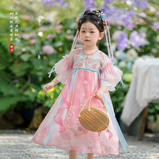 萌乎桃桃露汉服女童2025新款夏季中国风连衣裙公主裙粉色襦裙 粉色110