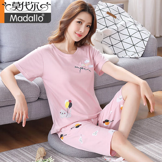莫代尔100%纯棉睡衣女夏季短袖七分裤两件套装宽松大码可外穿家居服 短袖七分裤:LG6623 XL 建议115-125斤穿