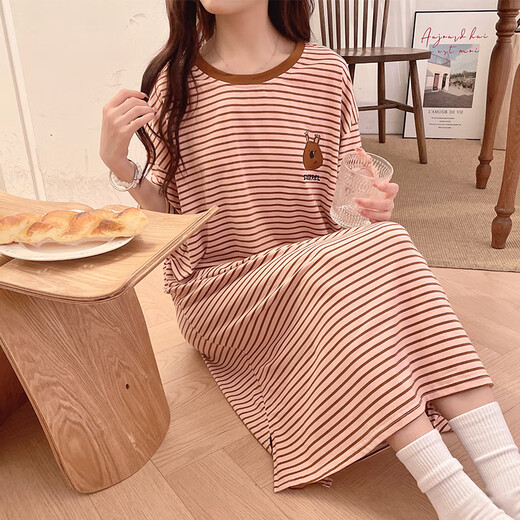 Camisón Langsha (Langsha) con almohadilla de seno para mujeres en verano Gran de tamaño grande MM200JIN [Jin equivale a 0.5 kg] Las rayas se pueden usar afuera para mujeres embarazadas pijamas 673 Flande de café en polvo con almohadilla de mama M (recomendado 80-100Jin [Jin iguala 0.5 kg]))