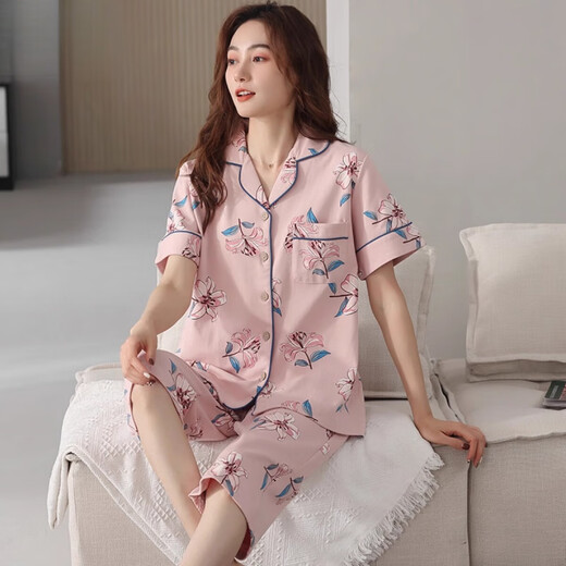 浪莎（langsha）纯棉睡衣女士夏季短袖七分裤开衫款妈妈大码家居服女款2025新款 西瓜红NXF-9892纯棉女款开 衫短 M [建议80--100斤]