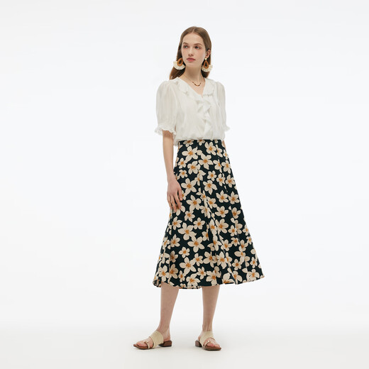 Gloria Skirt Wearing 2025 New High Waist Printed Skirt A-Line Skirt 1E5R2B140 1DD Black Gold Hand-painted Orange Flower M