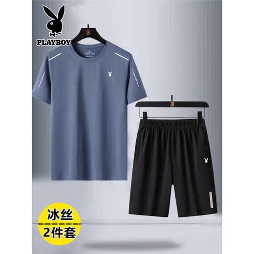花花公子（PLAYBOY）2025新款品牌短袖T恤男夏季冰丝速干运动套装中年休闲两件套潮流 YKT-8802黑色＋K719短袖+长裤 5XL 185-200斤