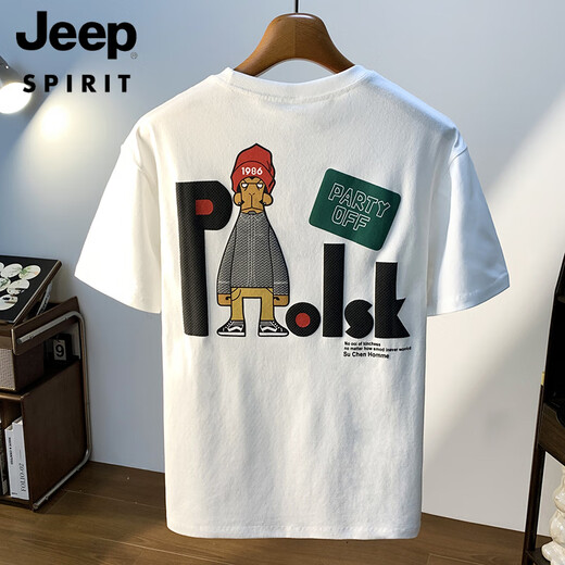 JEEP SPIRIT大码200斤圆领短袖T恤男2025年夏季港风印花棉质体恤加肥加大男士 黑色 JSW9923 M 建议90-108 斤