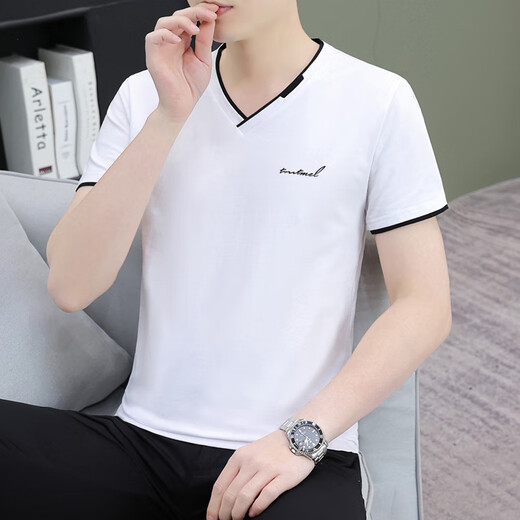七匹狼（septwolves）夏季纯棉男士短袖恤领薄款修身青年潮流半截袖男休闲鸡心领体恤 蓝灰色 QY694 4XL 【170-190斤】