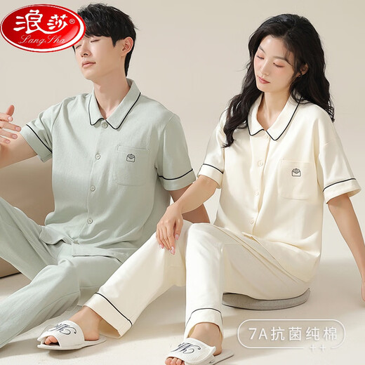 
LangSha couple pajamas women's 2025 new spring pure cotton short-sleeved men's cotton large-size summer home clothing set NSN12503 women 12603 men M women + men's L