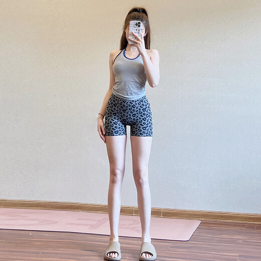 Ttpmer Shorts de yoga europeos y americanos para mujeres en el sumerino del durazno de los duraznos Ejercicio Úselo Usar alta cintura con alta cintura Pantalones de fitness de estampado de leopardo de tres puntos A azul oscuro S