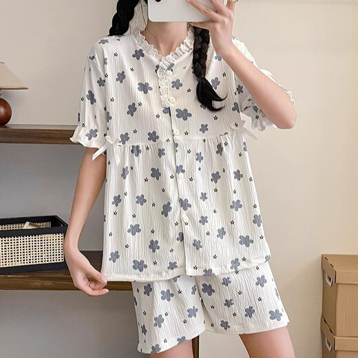 梦特娇（MONTAGUT）短袖睡衣女波点夏季短袖短裤新款薄款花边开衫甜美休闲家居服套装 ymq#12415 均码 m建议75-95斤