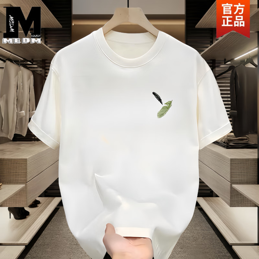 MEDM KASS男士短袖t恤夏季薄款潮牌宽松休闲印花半袖衣服男款重磅纯棉体恤 白色[前左侧小图K1098两片小羽毛 S 建议90-100斤
