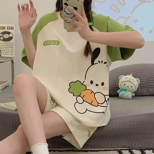 旭杉斯睡衣女夏季甜美短袖2025新款网红风卡通可爱女生家居服套装可外穿 679绿恐龙 M  建议80-90斤