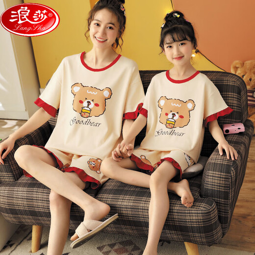 
LangSha (LangSha) Parent-child mother-daughter pajamas pure cotton summer thin short-sleeved cute cartoon internet celebrity little girl girl home clothing set 6624 [pure cotton single set] M 150-160cm80-99Jin [Jin equals 0.5 kg]