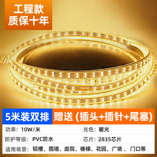 The best 220v high-voltage lamp with outdoor lighting waterproof lamp hotel villa project super bright strip decorative linear lamp 5 meters-220V/10W-120 beads double row-warm light