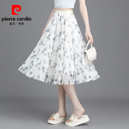 Pierre Cardin 2025 Sommer neuer Blumenrock für Frauen mit kleinem frischem Kurzrock mit großem Sway-Mesh-gedrucktem A-Line Slim Chiffon Midrock New Stoff Chiffon (9906-1) Eine Größe (elastische Taille)