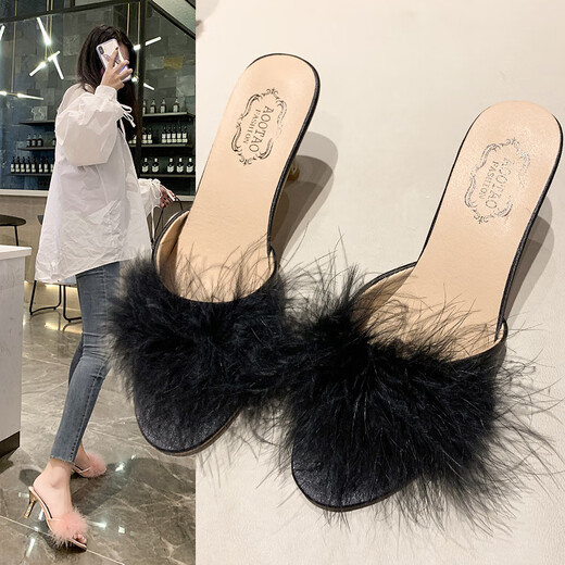 Schwebender Sommer kann hohe Pantoffelschuhe für Frauen mit dünnem Pelzsandalen Sandalen vielseitige Fischschuhe sexy Frauenschuhe Flip-Flops Pink 35 tragen