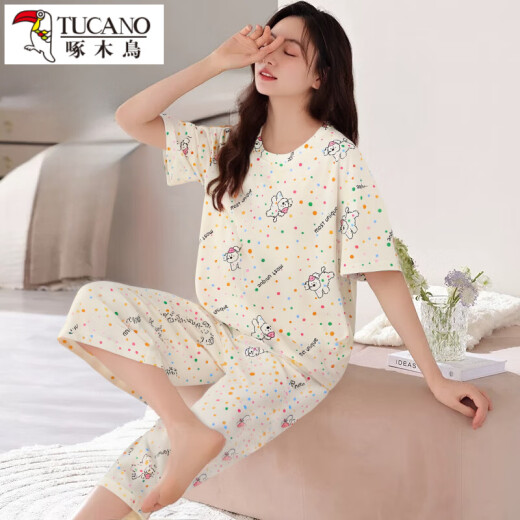 Specht Summer Pyjamas Frauen 2025 Neue Kurzarm-Kumpel Hosen Set Summer Dünn Frauen niedlicher Cartoon Home Anzug Kurzarm geschnittene Hosen-679 L Empfohlen 100-120jin [Jin gleich 0,5 kg]